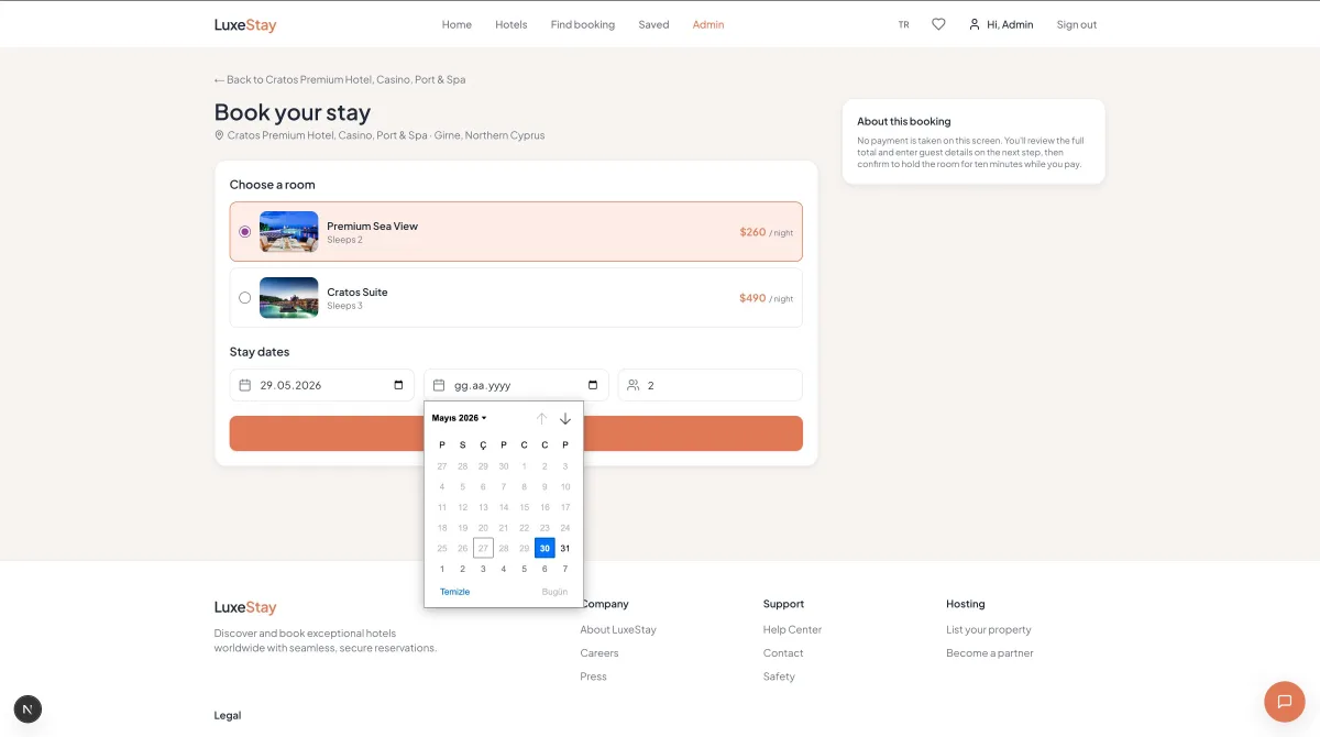 LuxeStay booking page selecting a room type and stay dates
