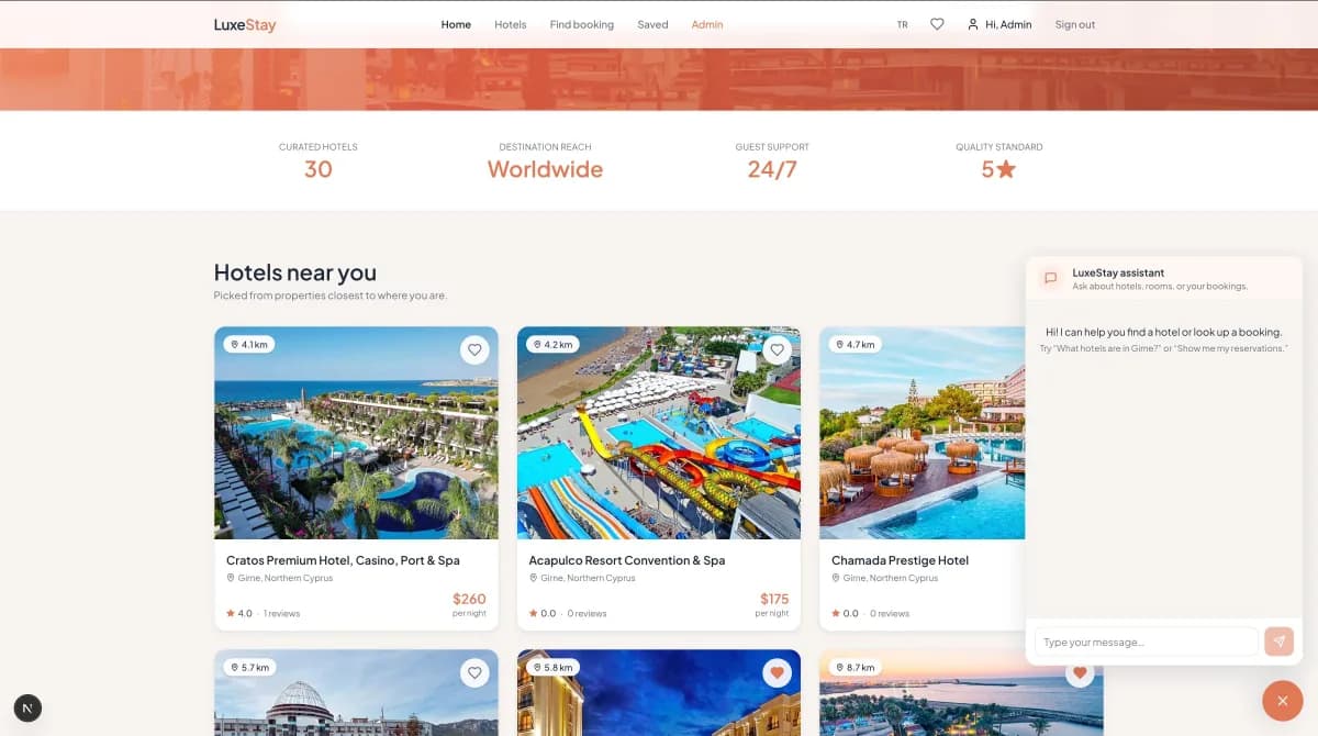 LuxeStay hotel listing results with map and filters